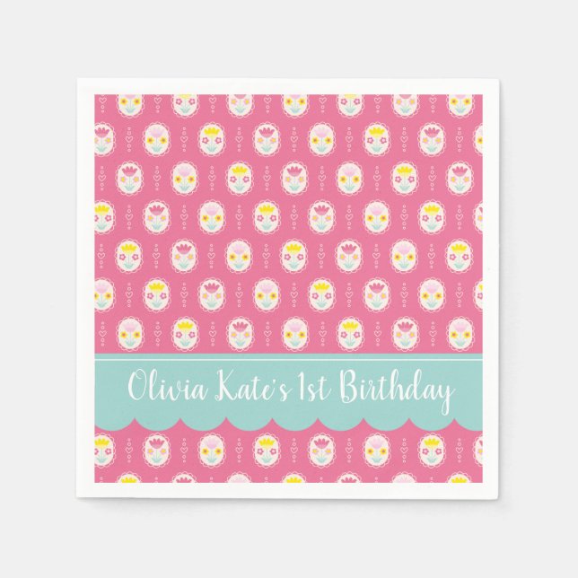 Pink Girl Floral Pattern 1st Birthday Napkins (Front)