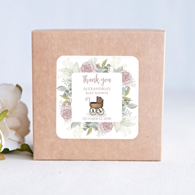 Pink Girl Floral Thank You Baby Shower Square Sticker (Baby shower thank you stickers with watercolor roses floral design. )