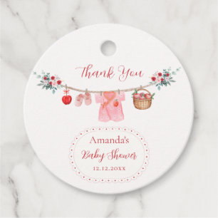 Pink Girl Flower Apple Clothesline Baby Shower Favor Tags