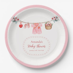 Pink Girl Flower Apple Clothesline Baby Shower Paper Plates