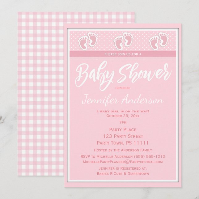 Pink Girl Footprint Baby Shower Invitation (Front/Back)
