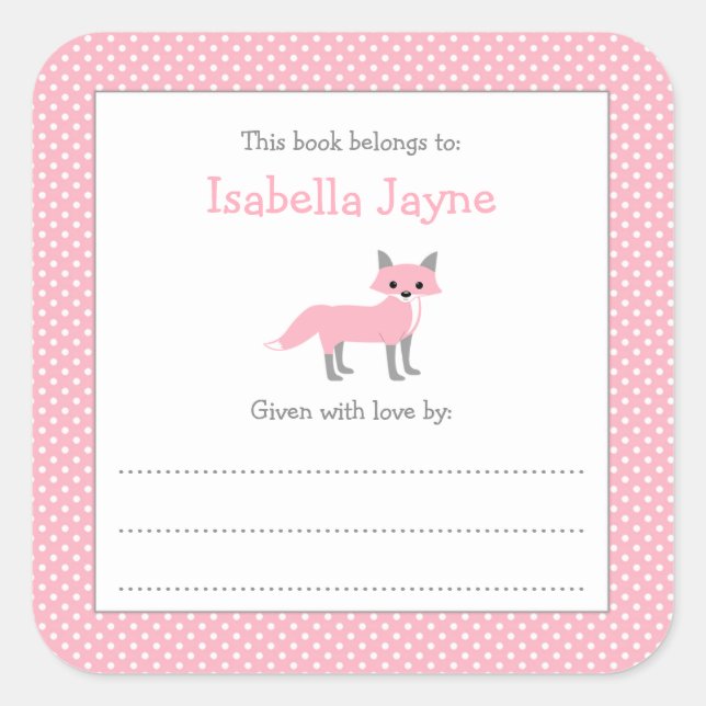 Pink Girl Fox bookplate square sticker (Front)