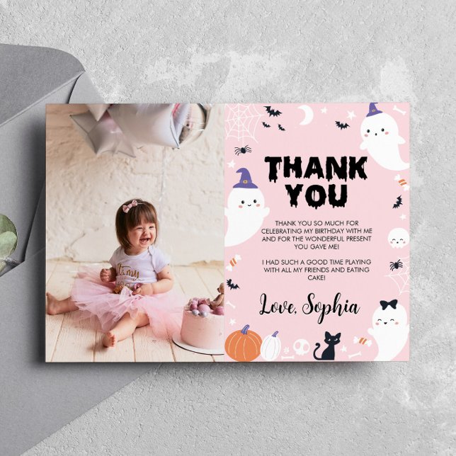 Pink Girl Ghost Birthday Photo Thank You Card (Creator Uploaded)