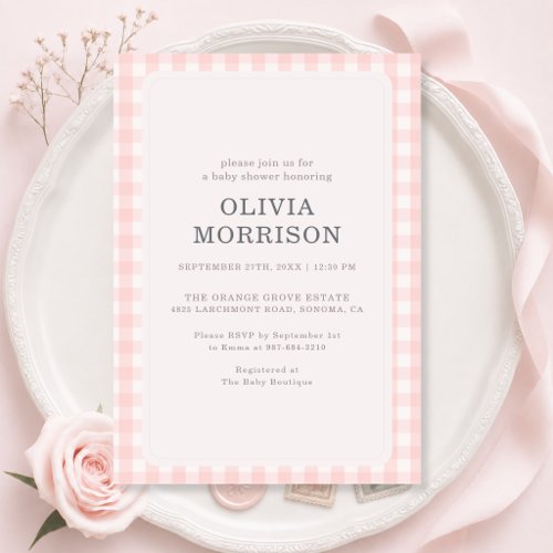 Pink Girl Gingham Baby Shower Invitation