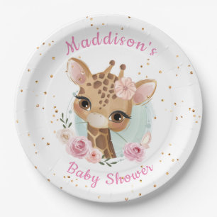 Pink Girl Giraffe Baby Shower Paper Plate