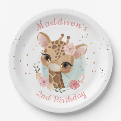 Pink Girl Giraffe Birthday Baby Shower Paper Plate