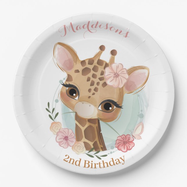 Pink Girl Giraffe Birthday Baby Shower Paper Plates (Front)