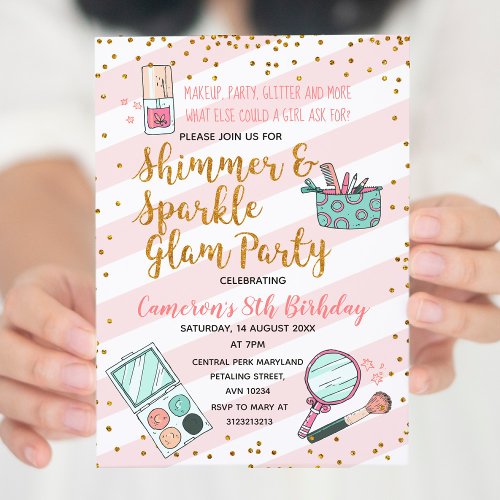 Pink girl glam makeup birthday party invitation