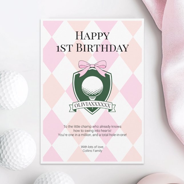  Pink Girl Golf Hole in One Happy 1st Birthday Card (Pink Hole in One Girl Golf Happy 1st Birthday Card)