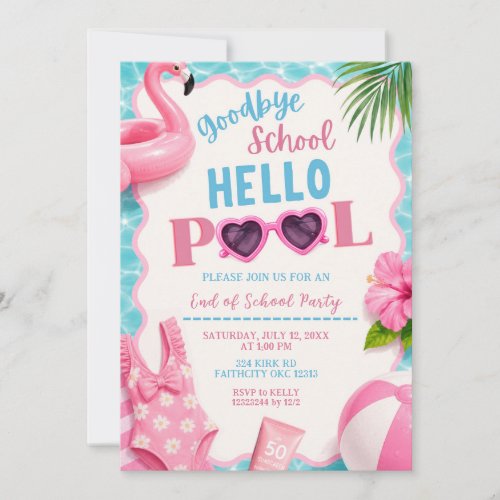 Pink Girl Goodbye School Hello Pool Invitation