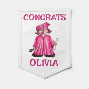 Pink Girl Graduate Graduation Cap Gown Diploma Pennant