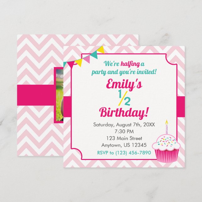 Pink Girl Half Birthday Photo Invitation (Front/Back)