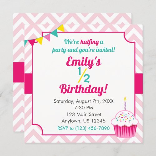 Pink Girl Half Birthday Photo Invitation