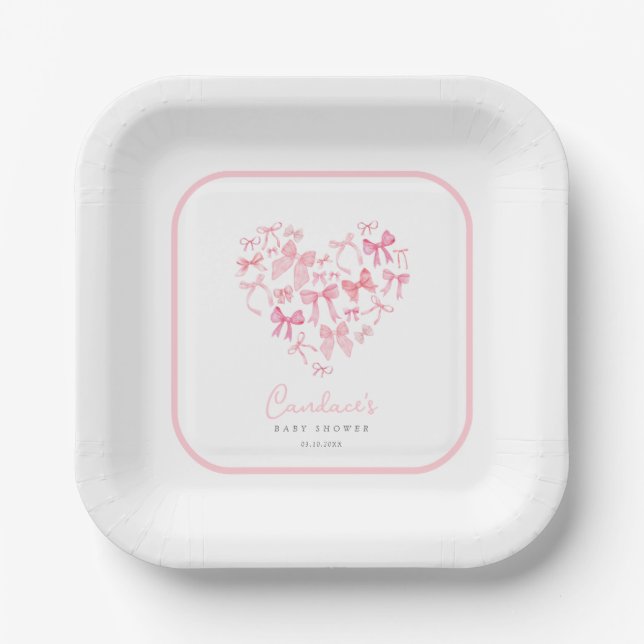 Pink Girl Heart Bow Custom Baby Shower Paper Plates (Front)
