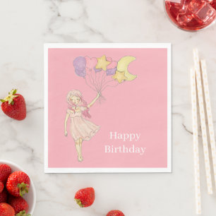 Pink Girl Heart Stars Moon Balloons Birthday Napkins