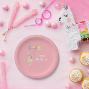 Pink Girl Heart Stars Moon Balloons Birthday Paper Plates