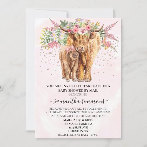 Pink Girl Highland Cow Calf Baby Shower By Mail Invitation