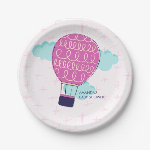 Pink Girl Hot Air Balloon Baby Shower Party Paper Plates