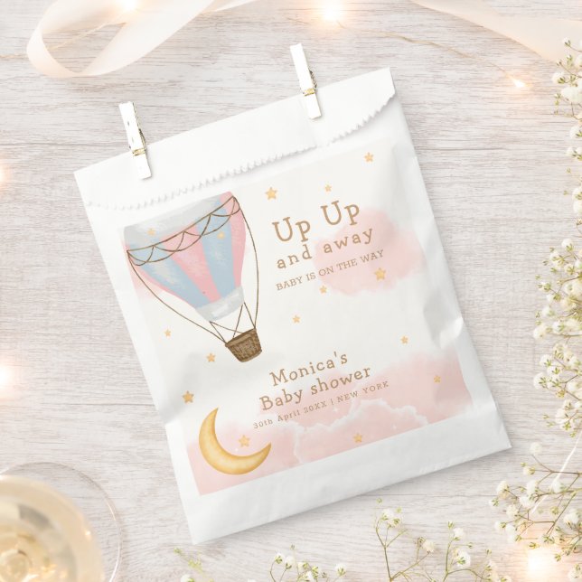 Pink Girl Hot Air Balloon Moon Star Baby Shower Favor Bag (Clipped)