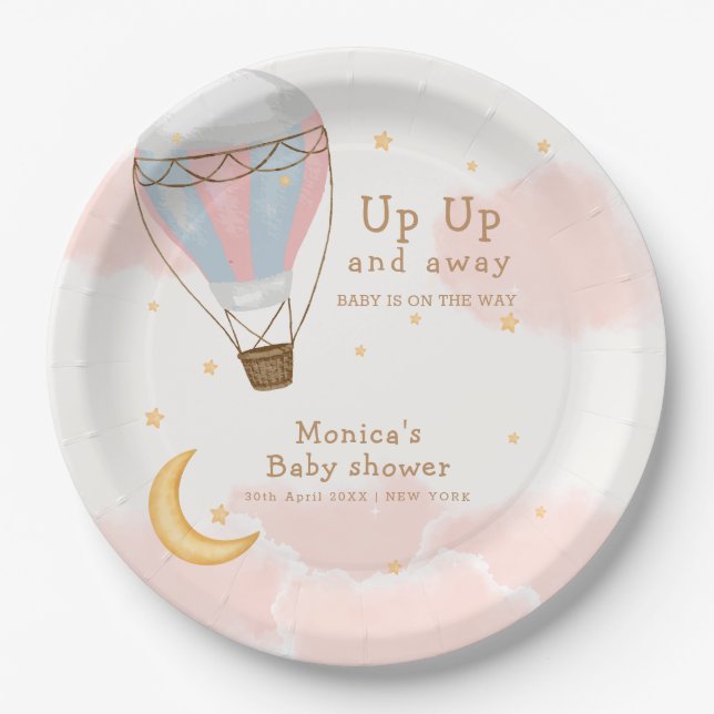 Pink Girl Hot Air Balloon Moon Star Baby Shower Paper Plates (Front)