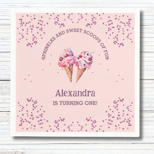 Pink Girl Ice Cream 1st Birthday Party Napkins