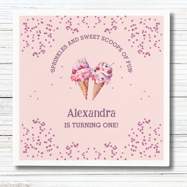 Pink Girl Ice Cream 1st Birthday Party Napkins (Creator Uploaded)