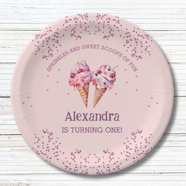 Pink Girl Ice Cream 1st Birthday Party Paper Plates (Creator Uploaded)