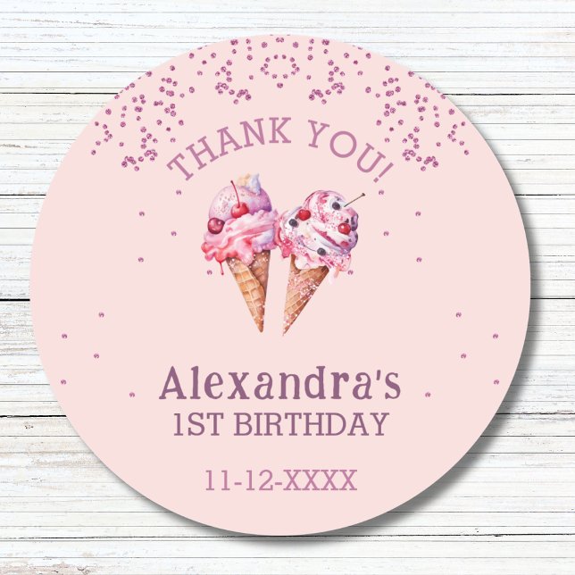 Pink Girl Ice Cream 1st Birthday Thank You Classic Round Sticker (Creator Uploaded)