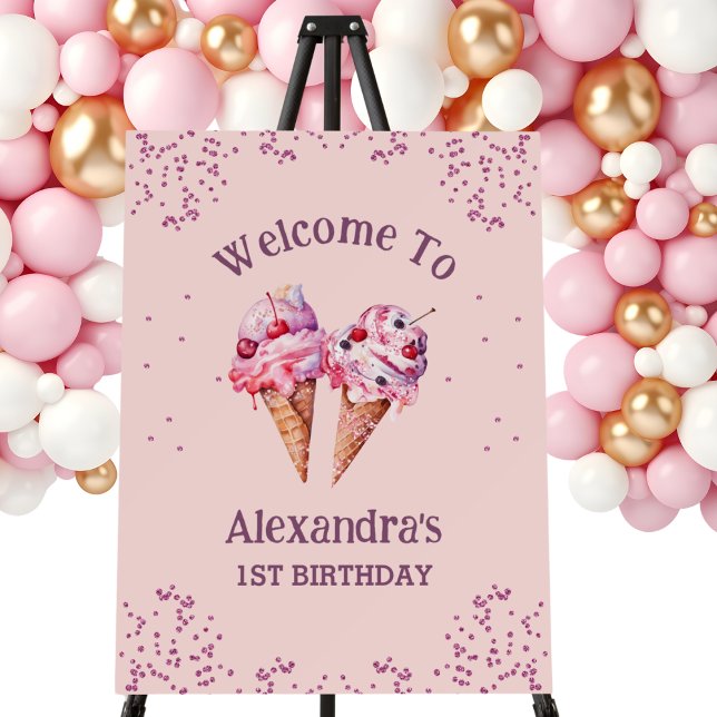 Pink Girl Ice Cream 1st Birthday Welcome  Foam Board (Creator Uploaded)