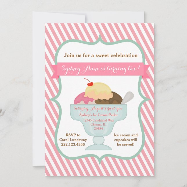 Pink Girl Ice Cream Party Invitation (Front)