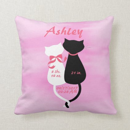 Pink Girl Kitty Kitten Cat Birth Announcement Throw Pillow