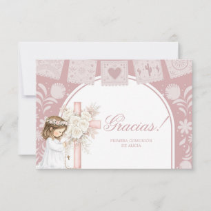 Pink Girl Kneeling Primera Comunion Thank You Card