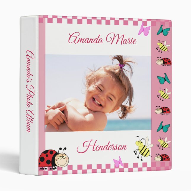 Pink Girl Lady Bug Butterfly Custom Photo Album 3 Ring Binder (Front/Spine)