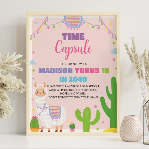 Pink Girl Llama Birthday Time Capsule Sign