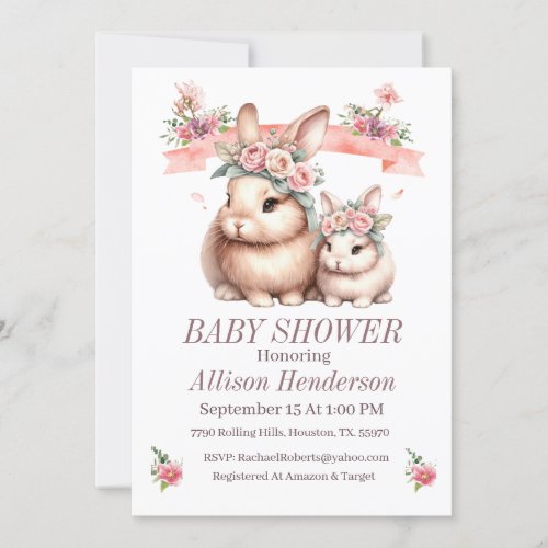 Pink Girl Mommy And Baby Bunny Baby Shower  Invitation