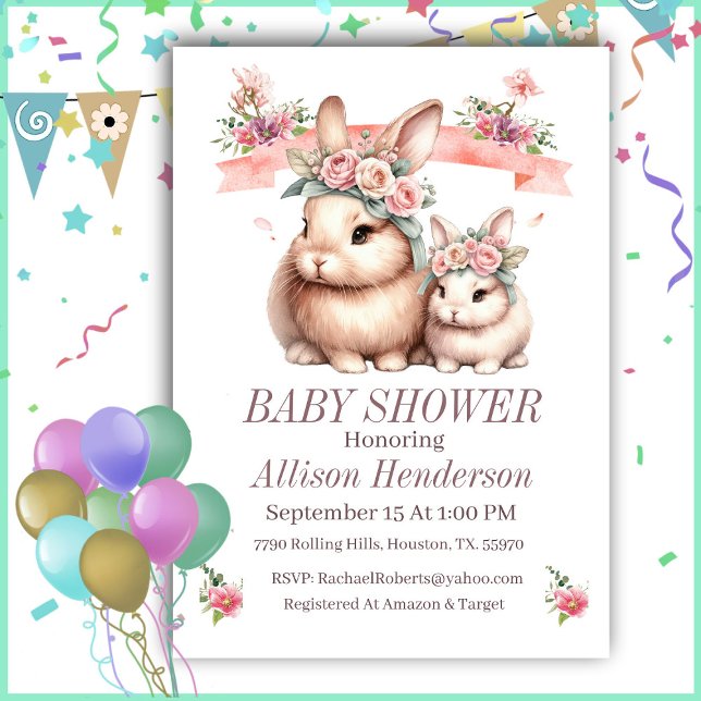 Pink Girl Mommy And Baby Bunny Baby Shower  Invitation (Creator Uploaded)