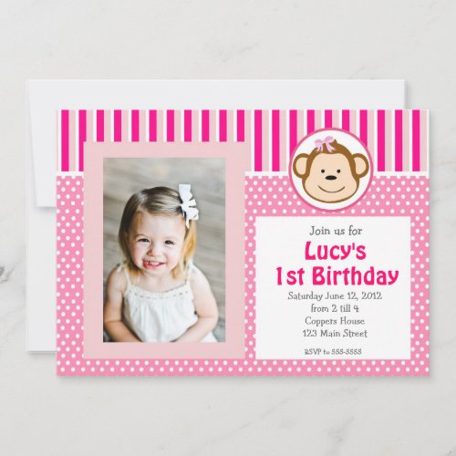 Pink Girl Monkey Birthday Invitation