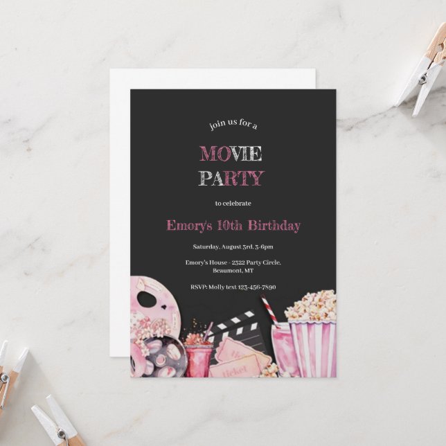PINK GIRL MOVIE NIGHT PARTY INVITATION (Front/Back In Situ)