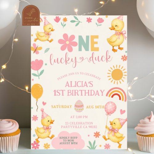 Pink Girl One Lucky Duck birthday invitation