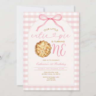 Pink Girl Our Little Cutie Pie Gingham Birthday Invitation