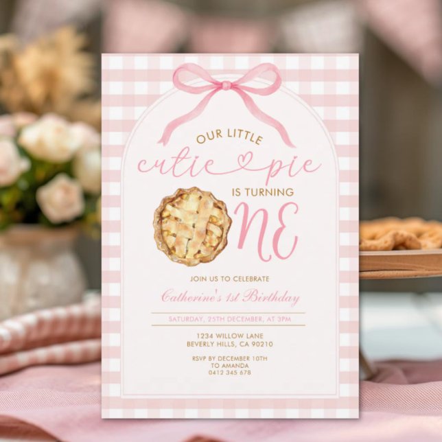 Pink Girl Our Little Cutie Pie Gingham Birthday Invitation (Creator Uploaded)