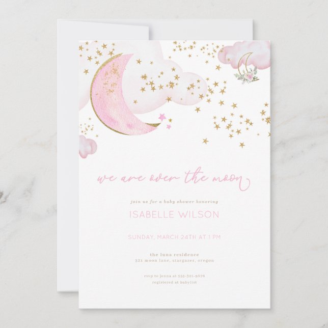 Pink Girl Over the Moon Baby Shower Invitation (Front)