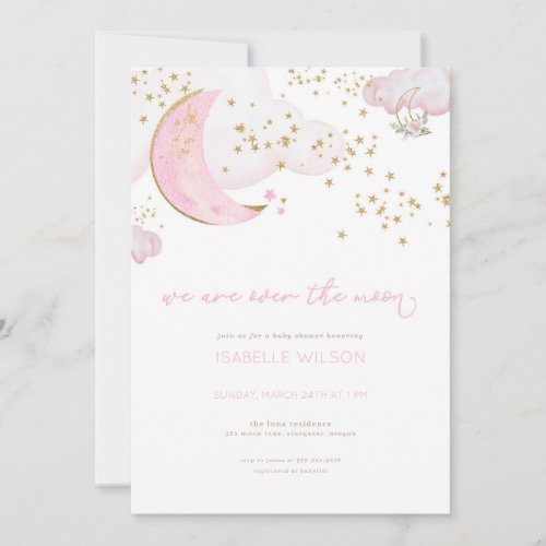 Pink Girl Over the Moon Baby Shower Invitation