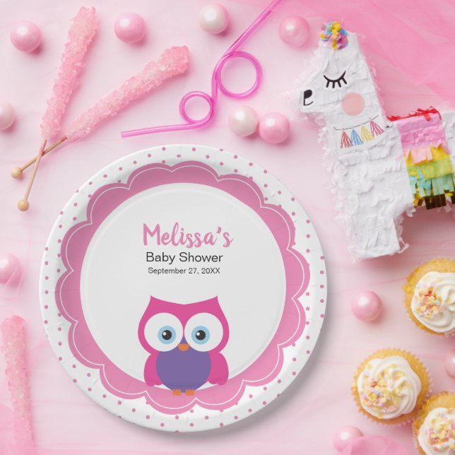 Pink Girl Owl Charming Cute Expressive Eyes Paper Plates (Party)
