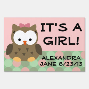 Pink Girl Owl, It's a Girl Baby Yard Sign