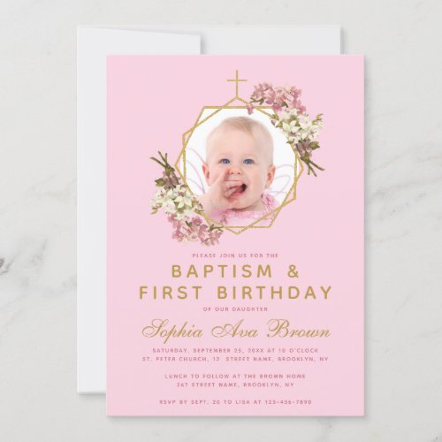 Pink  Girl Photo Baptism First Birthday Orchids Invitation