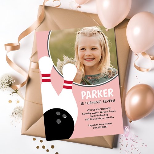 Pink Girl Photo Bowling Birthday Party  Invitation