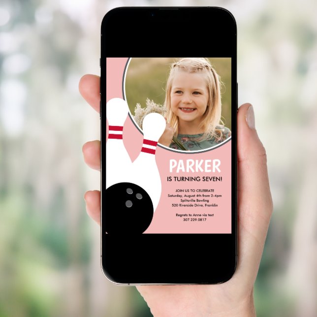 Pink Girl Photo Bowling Birthday Party  Invitation (Front Digital)
