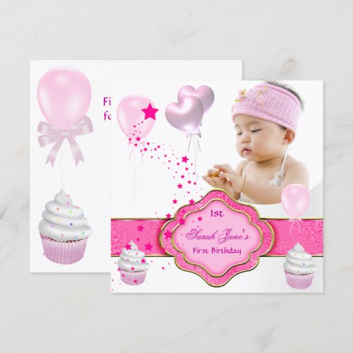 Pink Girl Photo First 1st Birthday Party Announcements