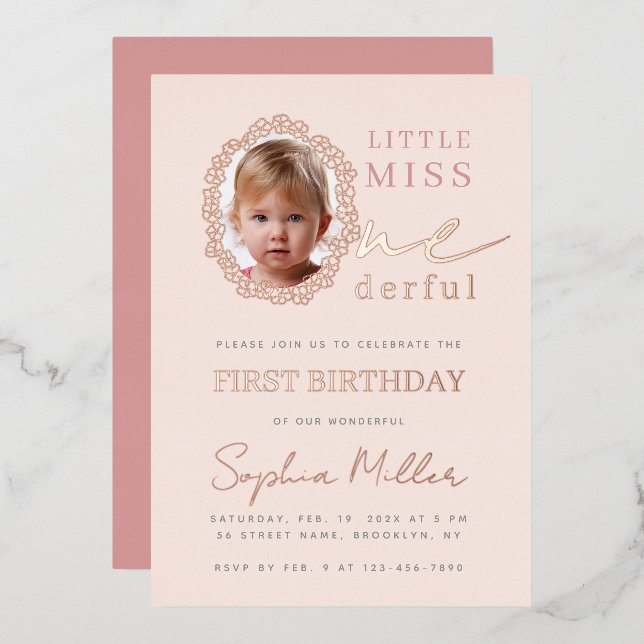 Pink Girl Photo Floral Frame Little Miss Onederful Foil Invitation (Front/Back)
